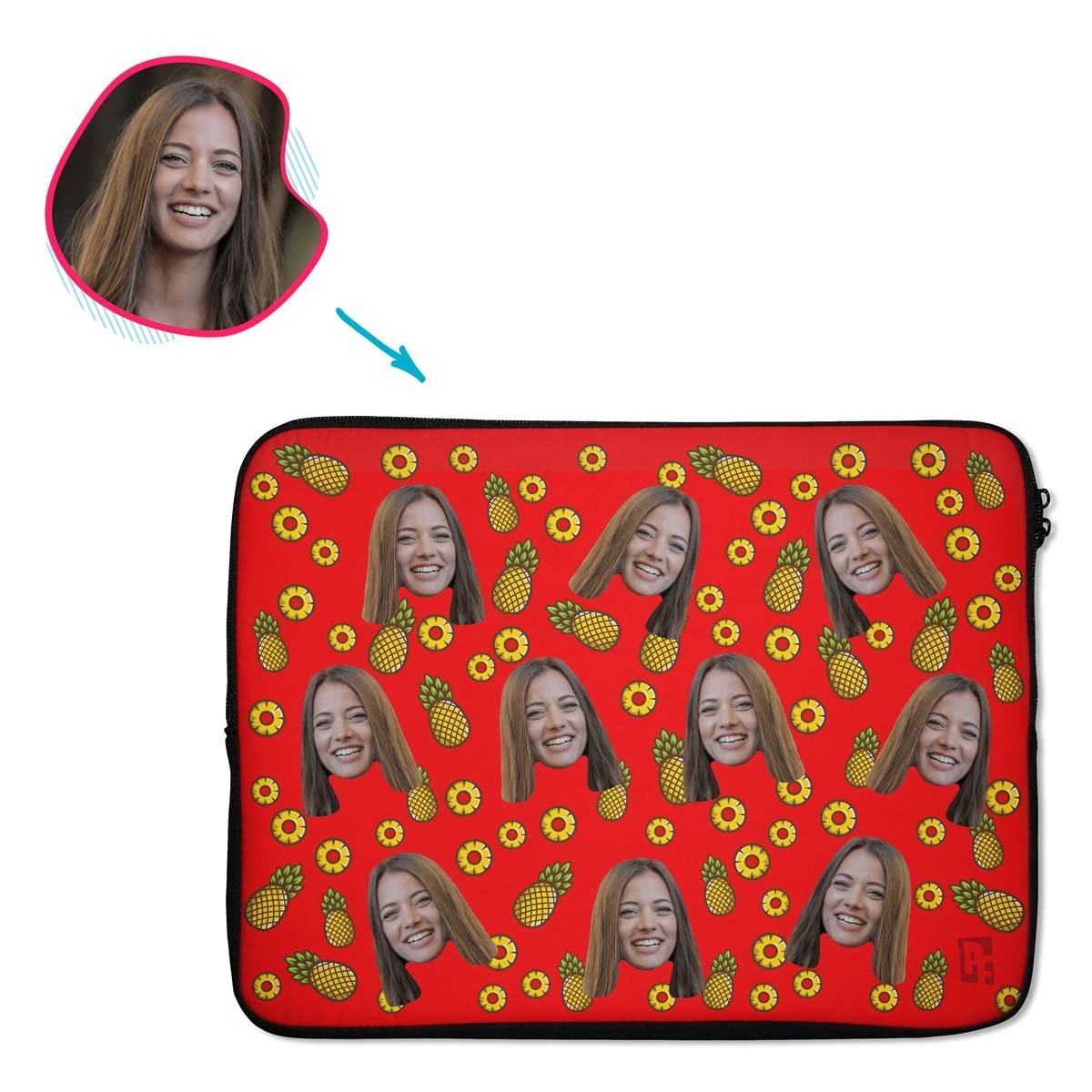 red Fruits laptop sleeve personalized with photo of face printed on them