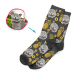 Load image into Gallery viewer, dark Fruits socks personalized with photo of face printed on them
