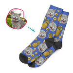 Load image into Gallery viewer, darkblue Fruits socks personalized with photo of face printed on them
