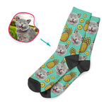 Load image into Gallery viewer, mint Fruits socks personalized with photo of face printed on them
