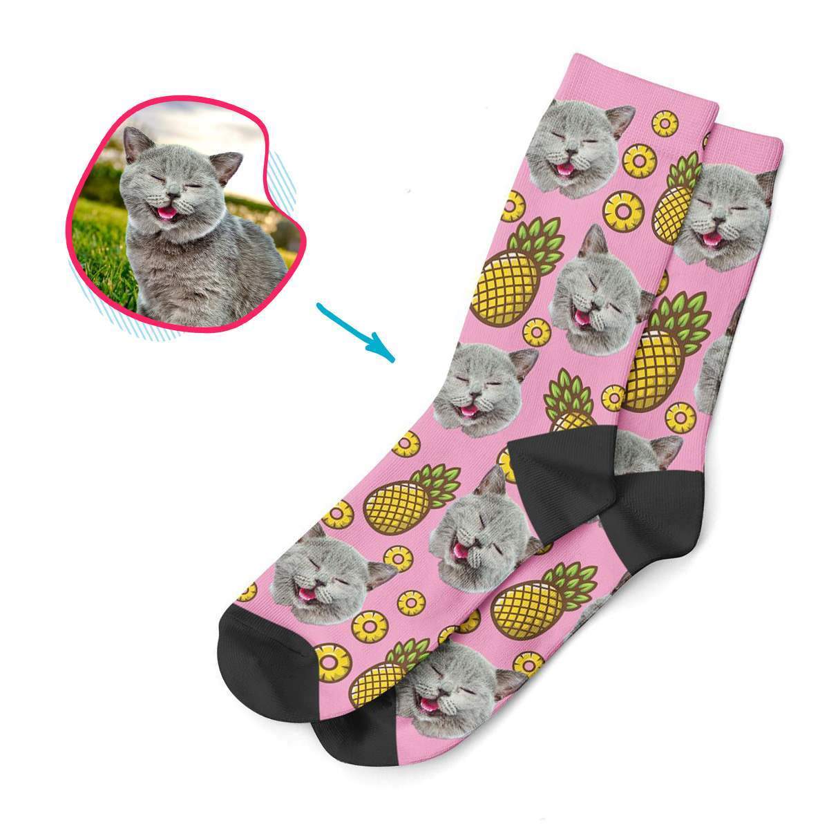 pink Fruits socks personalized with photo of face printed on them
