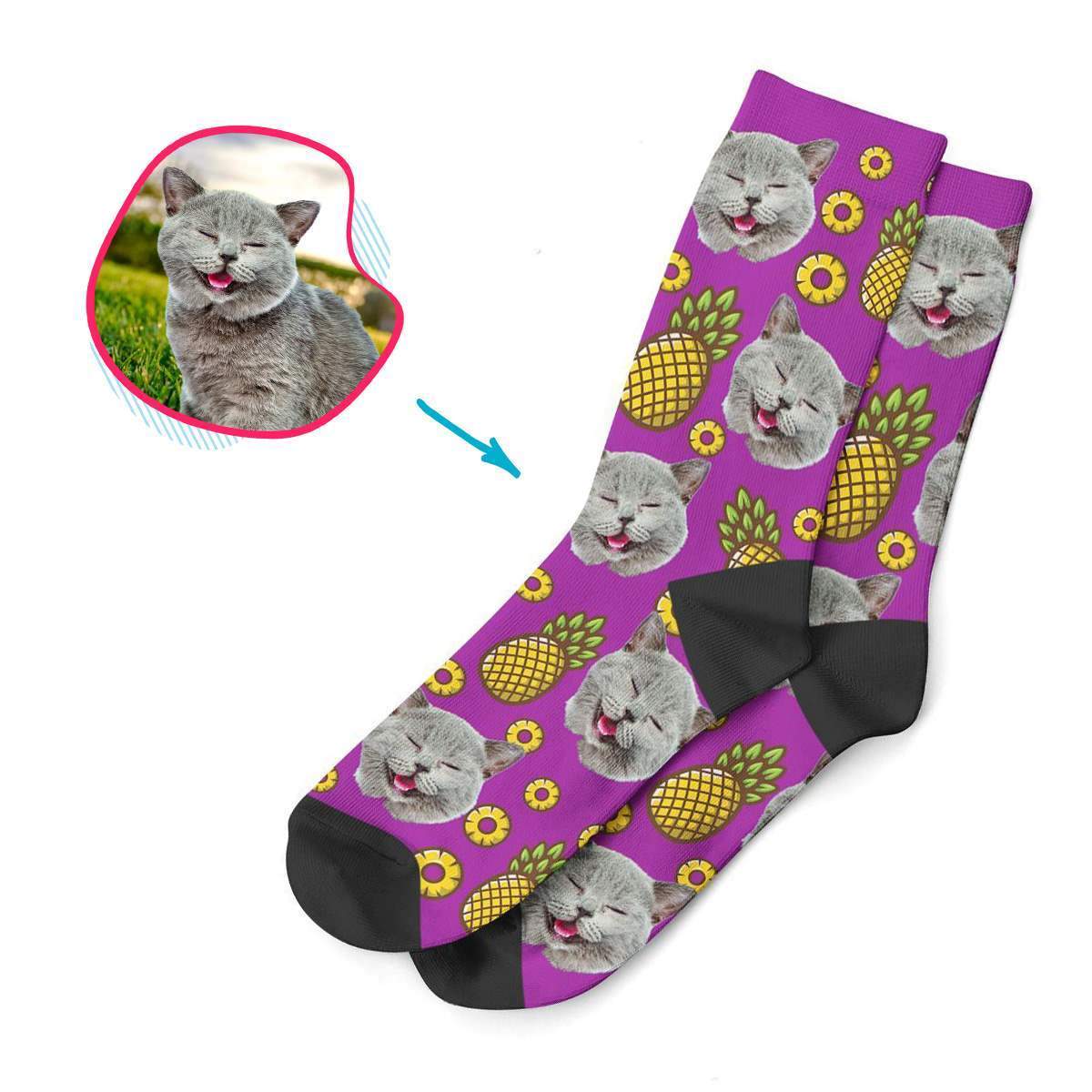 purple Fruits socks personalized with photo of face printed on them