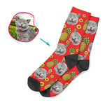 Load image into Gallery viewer, red Fruits socks personalized with photo of face printed on them
