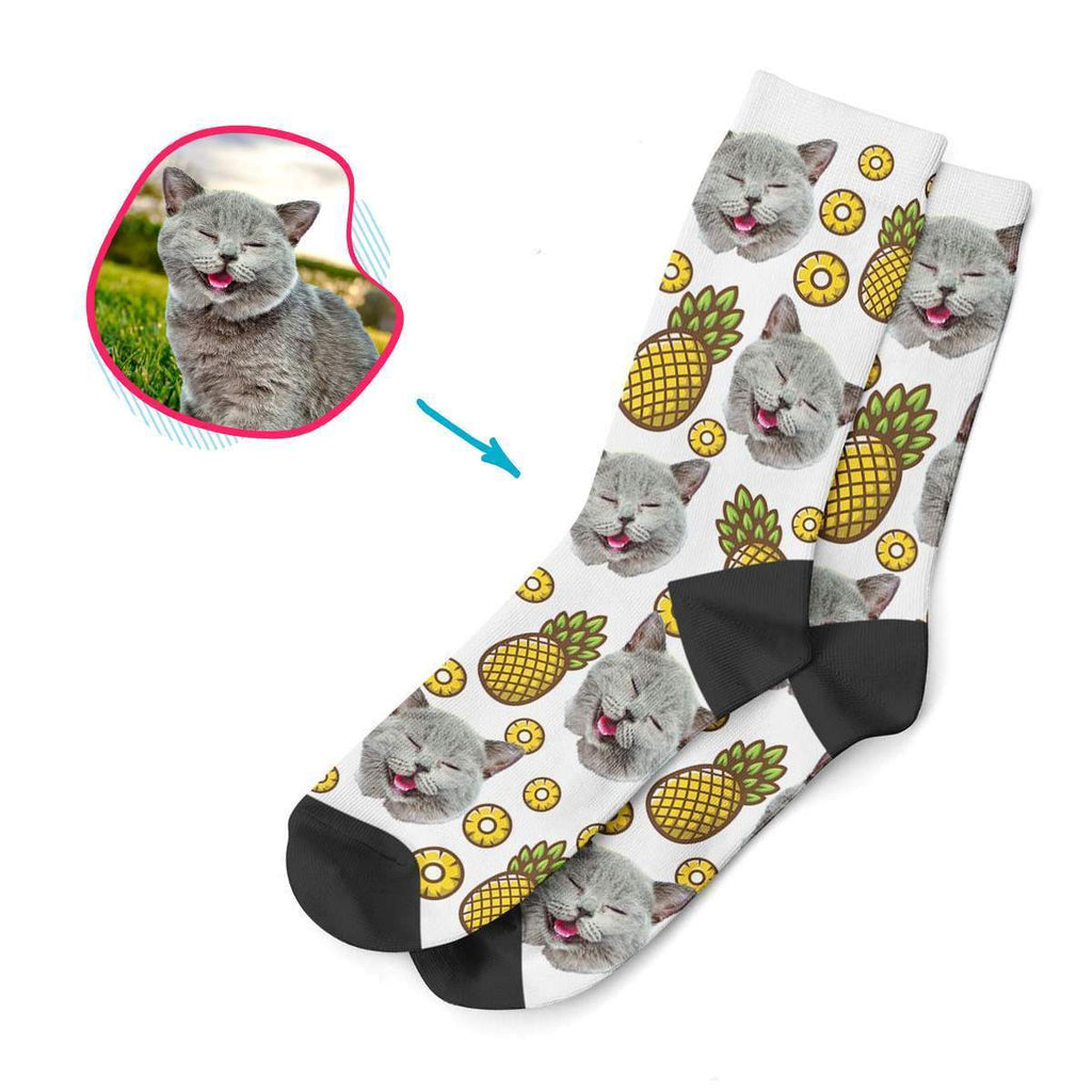 white Fruits socks personalized with photo of face printed on them