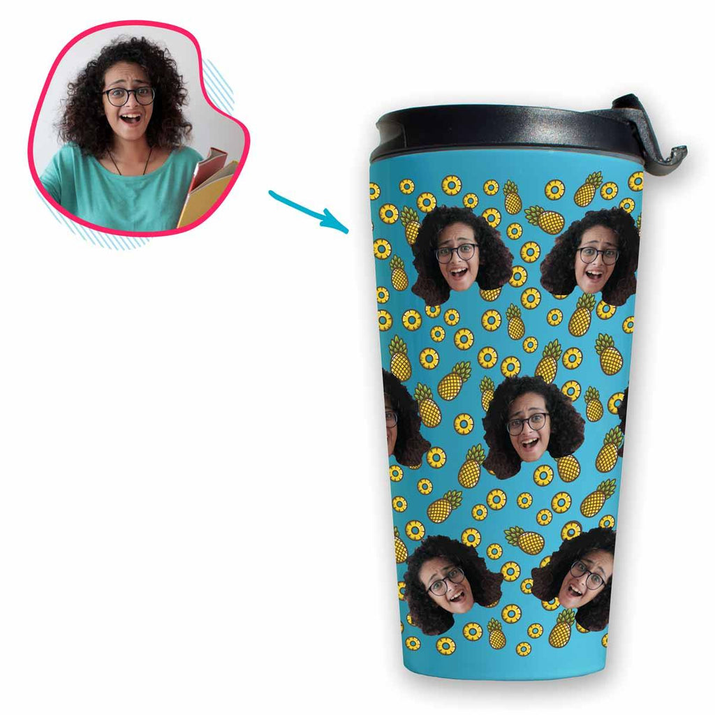blue Fruits travel mug personalized with photo of face printed on it