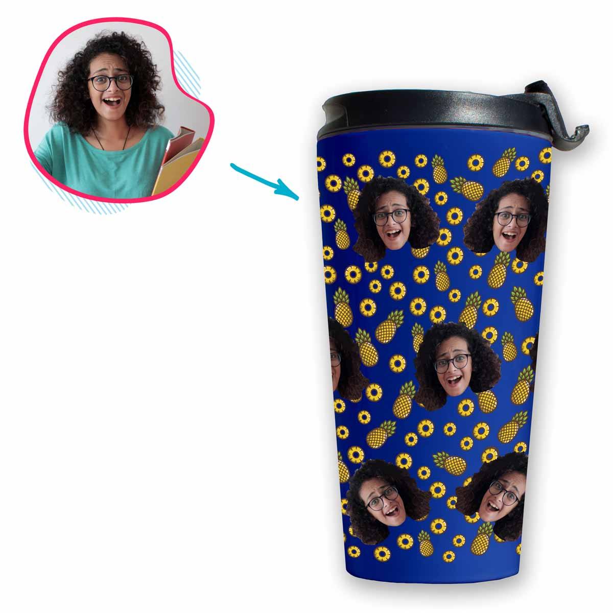 darkblue Fruits travel mug personalized with photo of face printed on it
