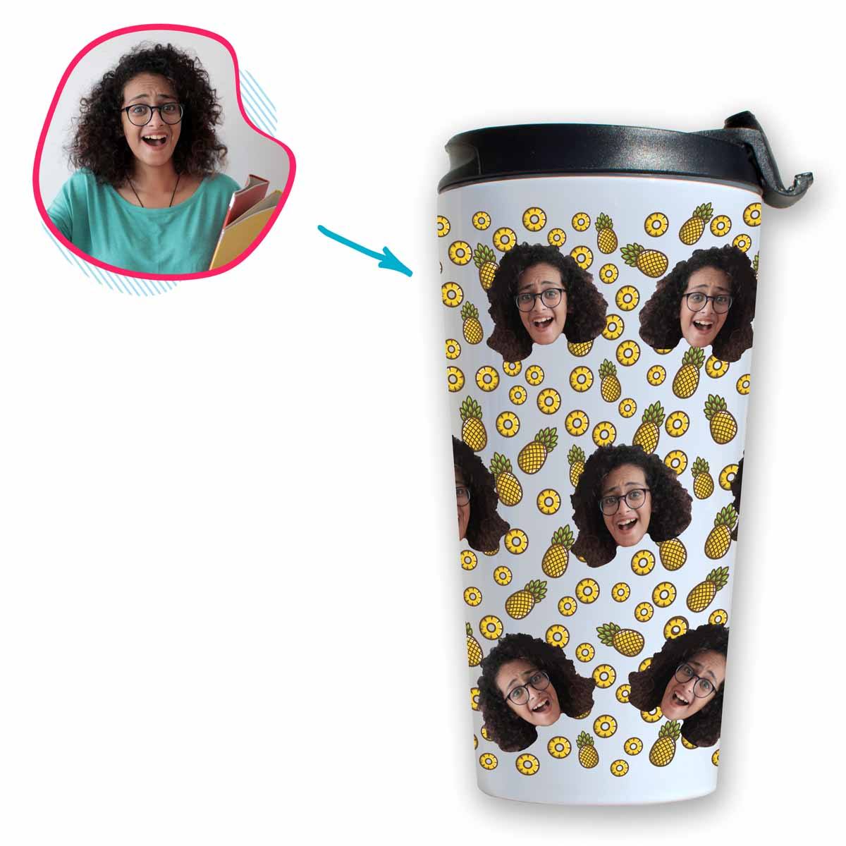 white Fruits travel mug personalized with photo of face printed on it