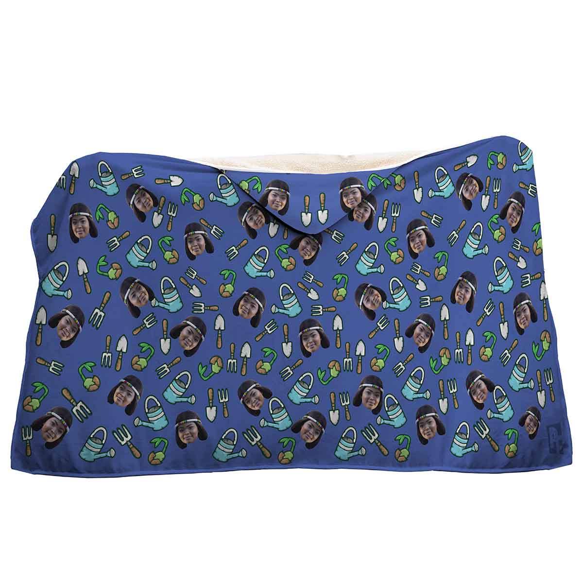 darkblue Gardening hooded blanket personalized with photo of face printed on it