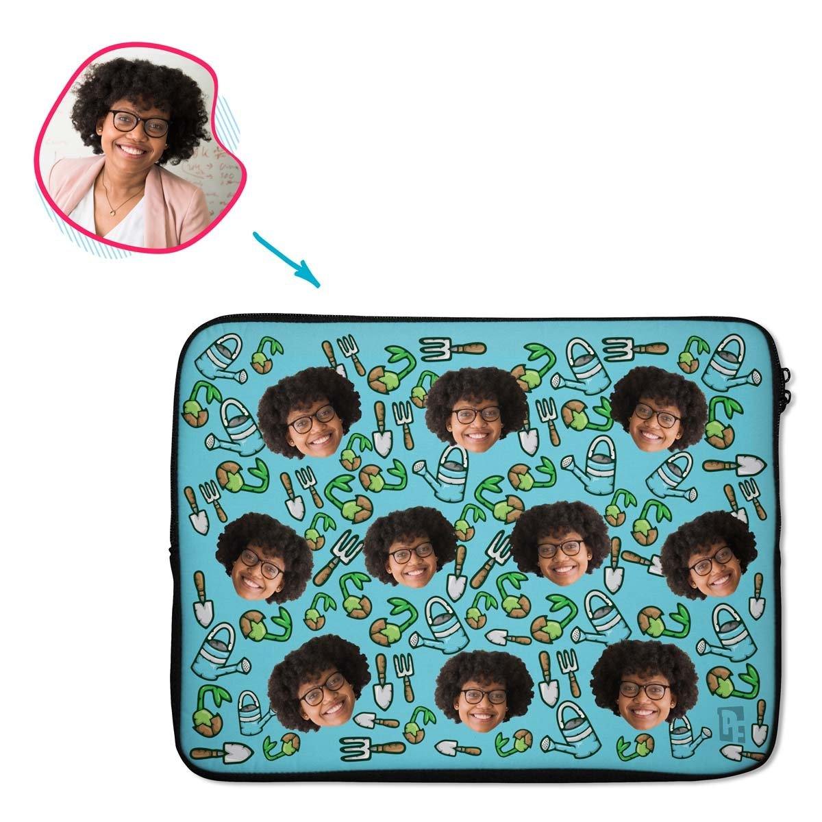 blue Gardening laptop sleeve personalized with photo of face printed on them