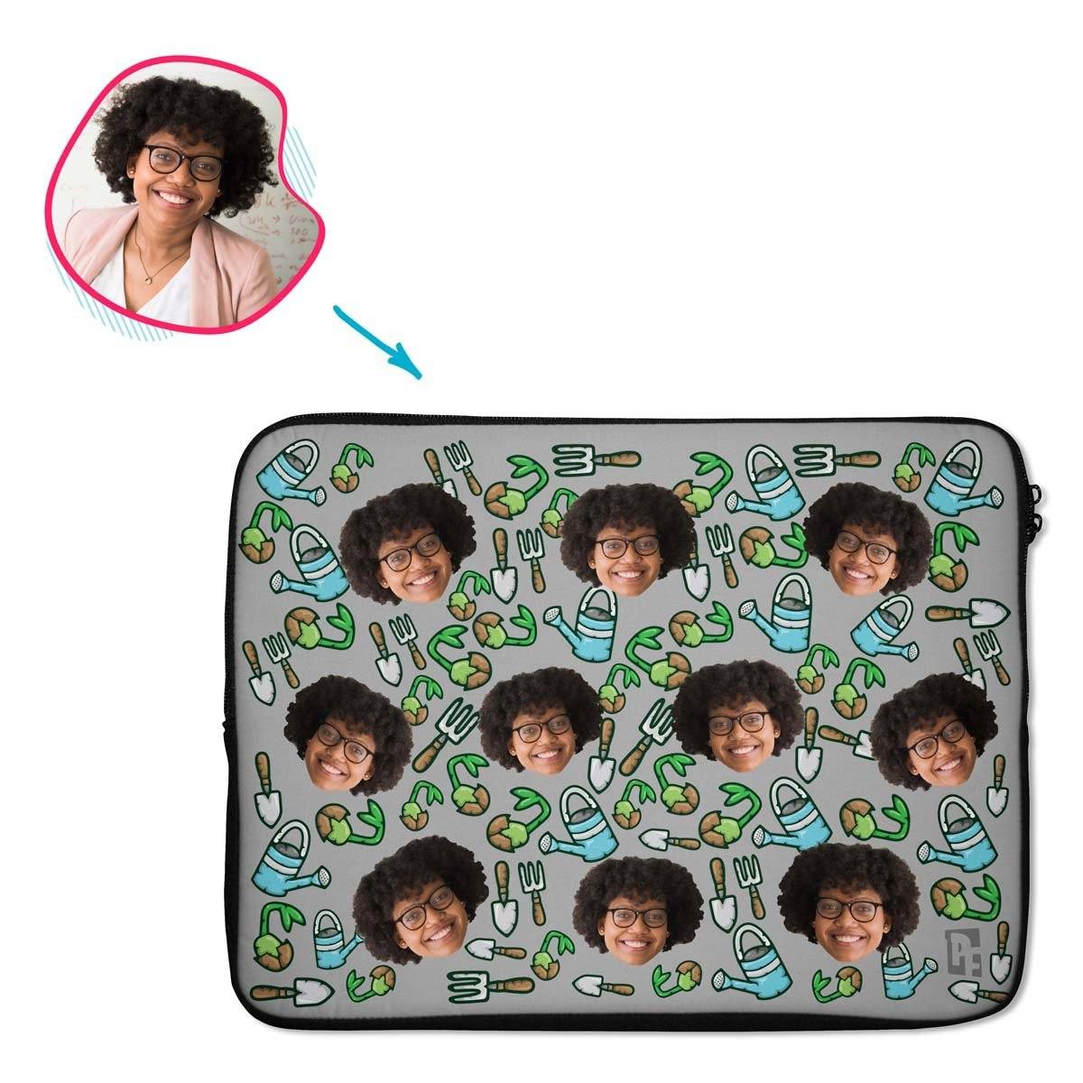 grey Gardening laptop sleeve personalized with photo of face printed on them