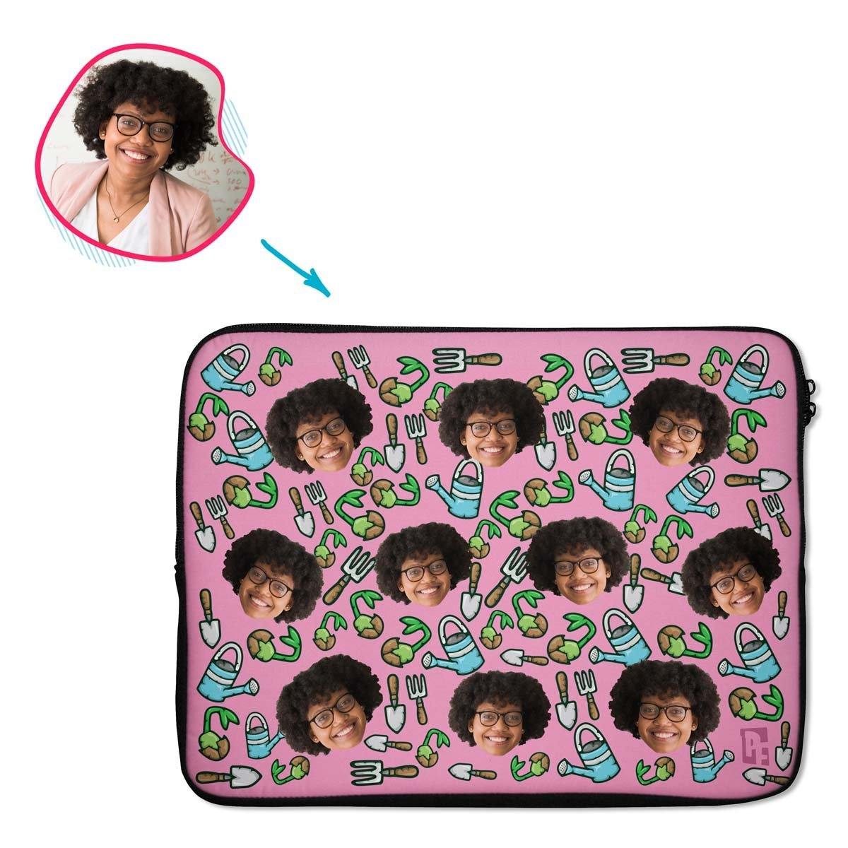 pink Gardening laptop sleeve personalized with photo of face printed on them