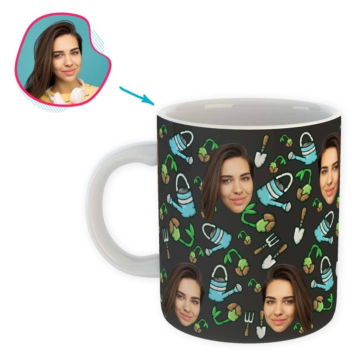 dark Gardening mug personalized with photo of face printed on it