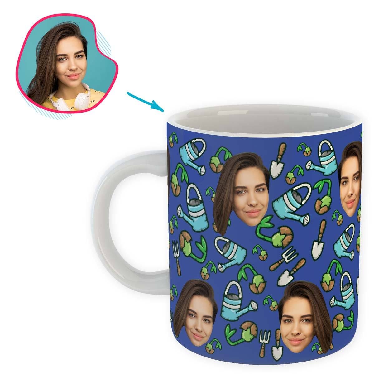 darkblue Gardening mug personalized with photo of face printed on it