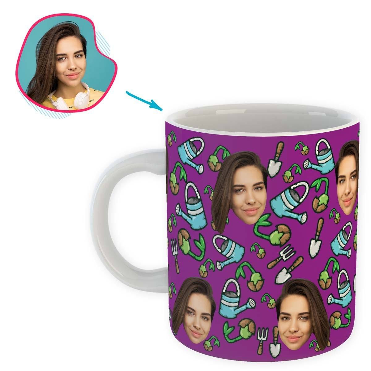 purple Gardening mug personalized with photo of face printed on it