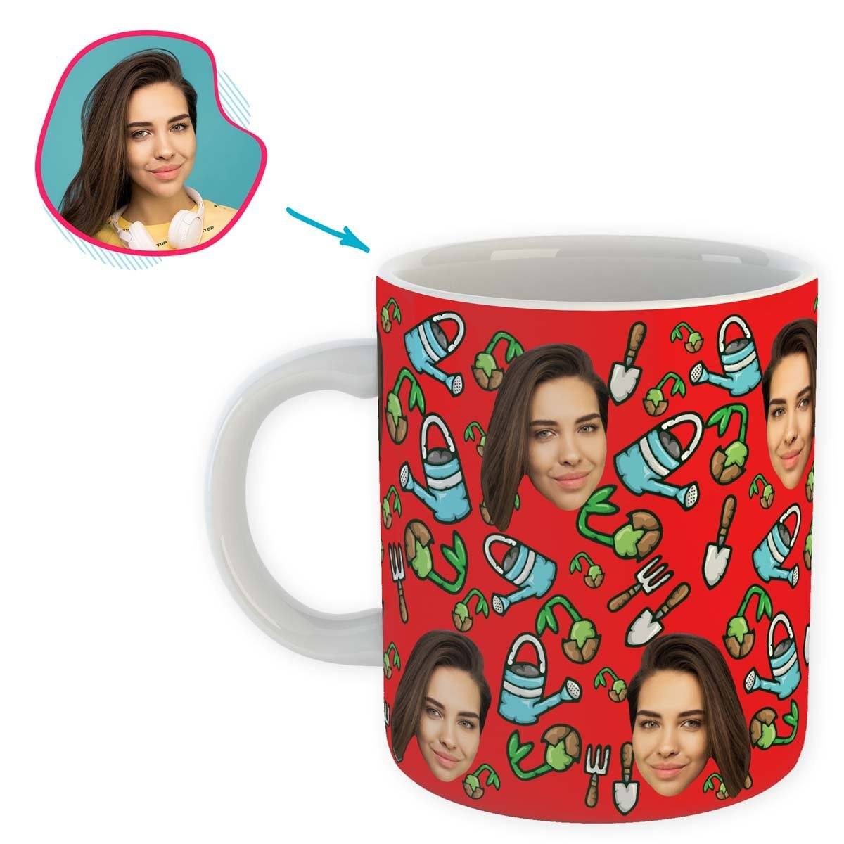 red Gardening mug personalized with photo of face printed on it