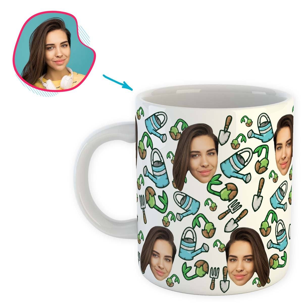 white Gardening mug personalized with photo of face printed on it