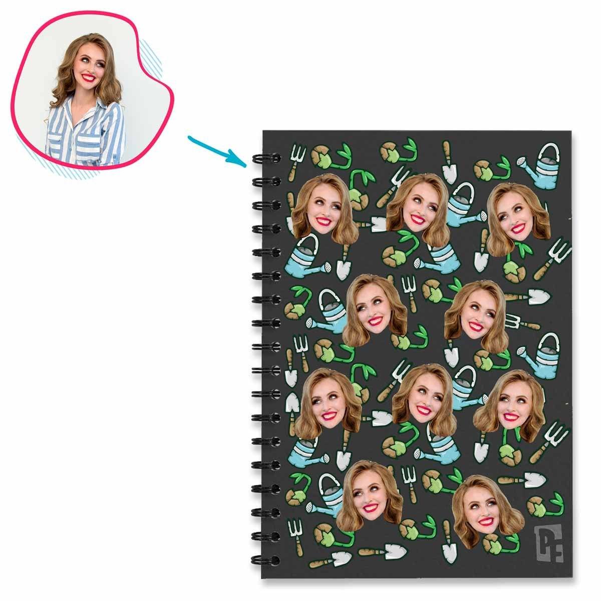 dark Gardening Notebook personalized with photo of face printed on them
