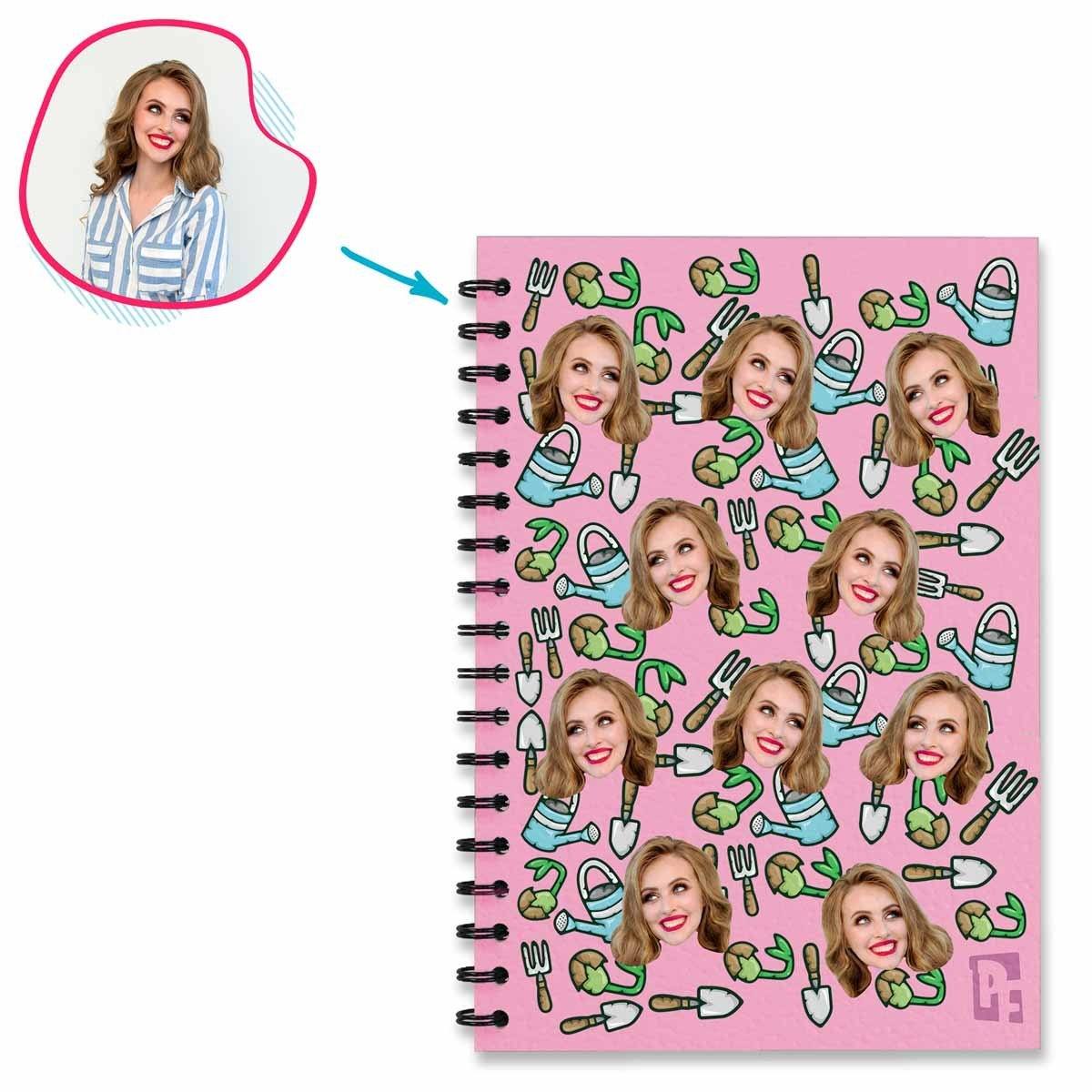 pink Gardening Notebook personalized with photo of face printed on them