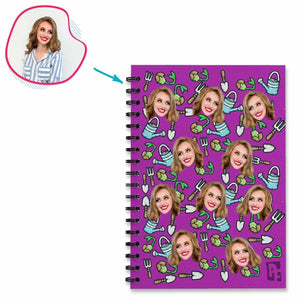 purple Gardening Notebook personalized with photo of face printed on them