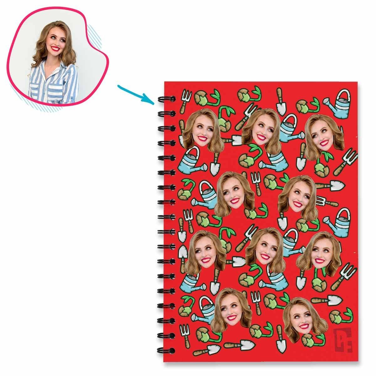 red Gardening Notebook personalized with photo of face printed on them