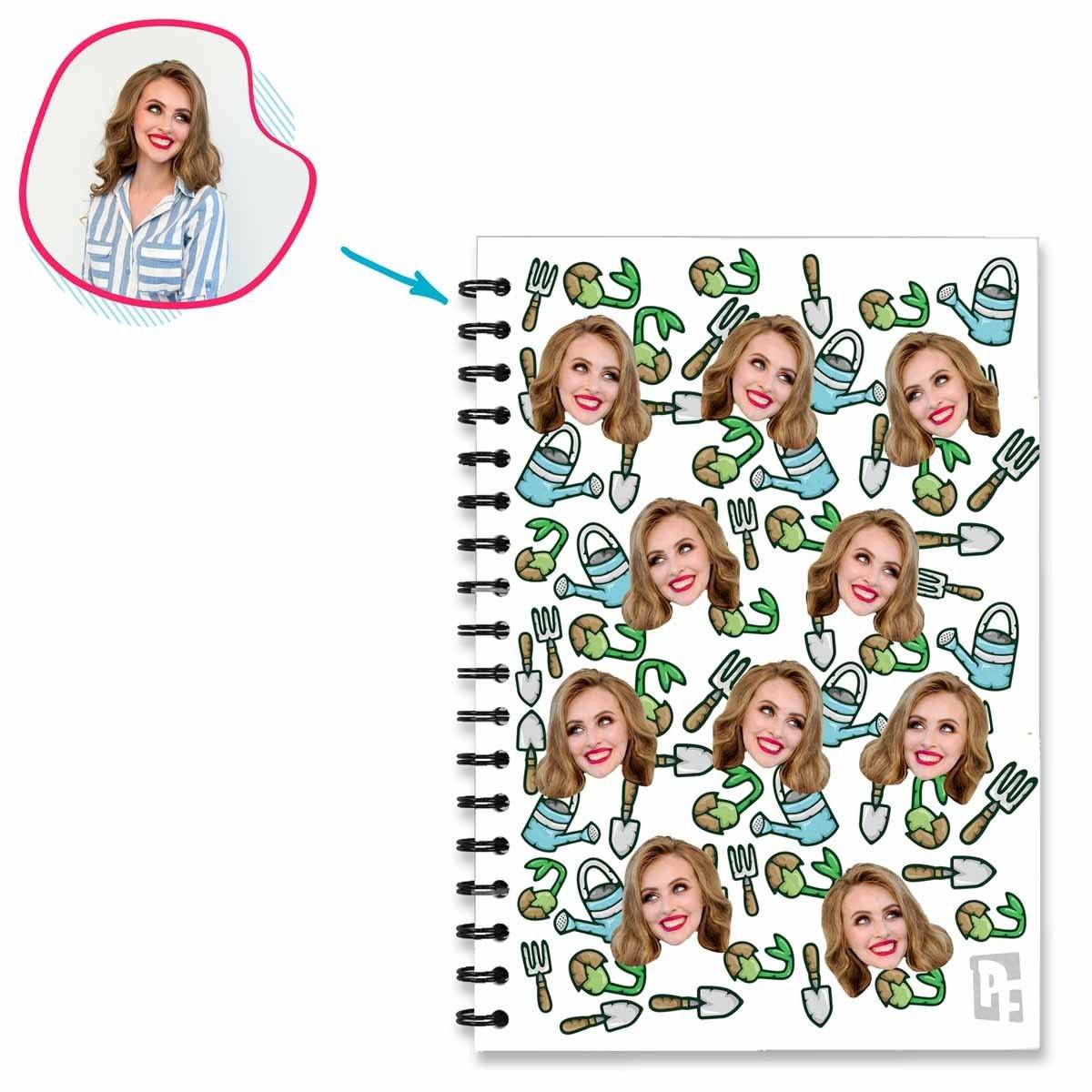 white Gardening Notebook personalized with photo of face printed on them