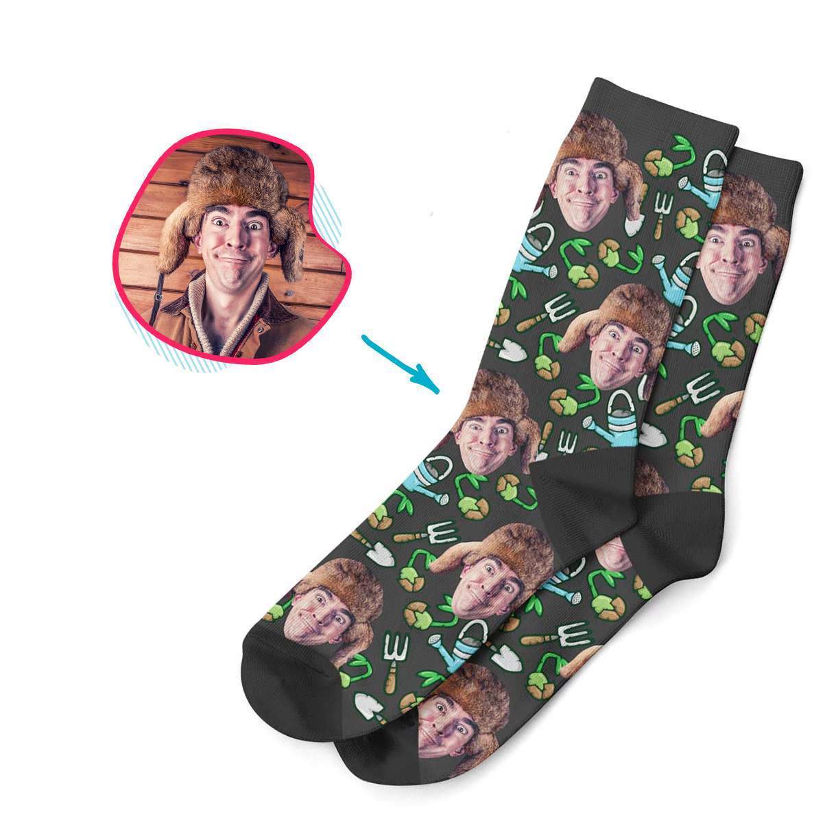 dark Gardening socks personalized with photo of face printed on them