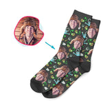 Load image into Gallery viewer, dark Gardening socks personalized with photo of face printed on them
