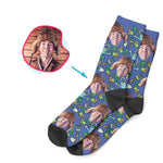 Load image into Gallery viewer, darkblue Gardening socks personalized with photo of face printed on them
