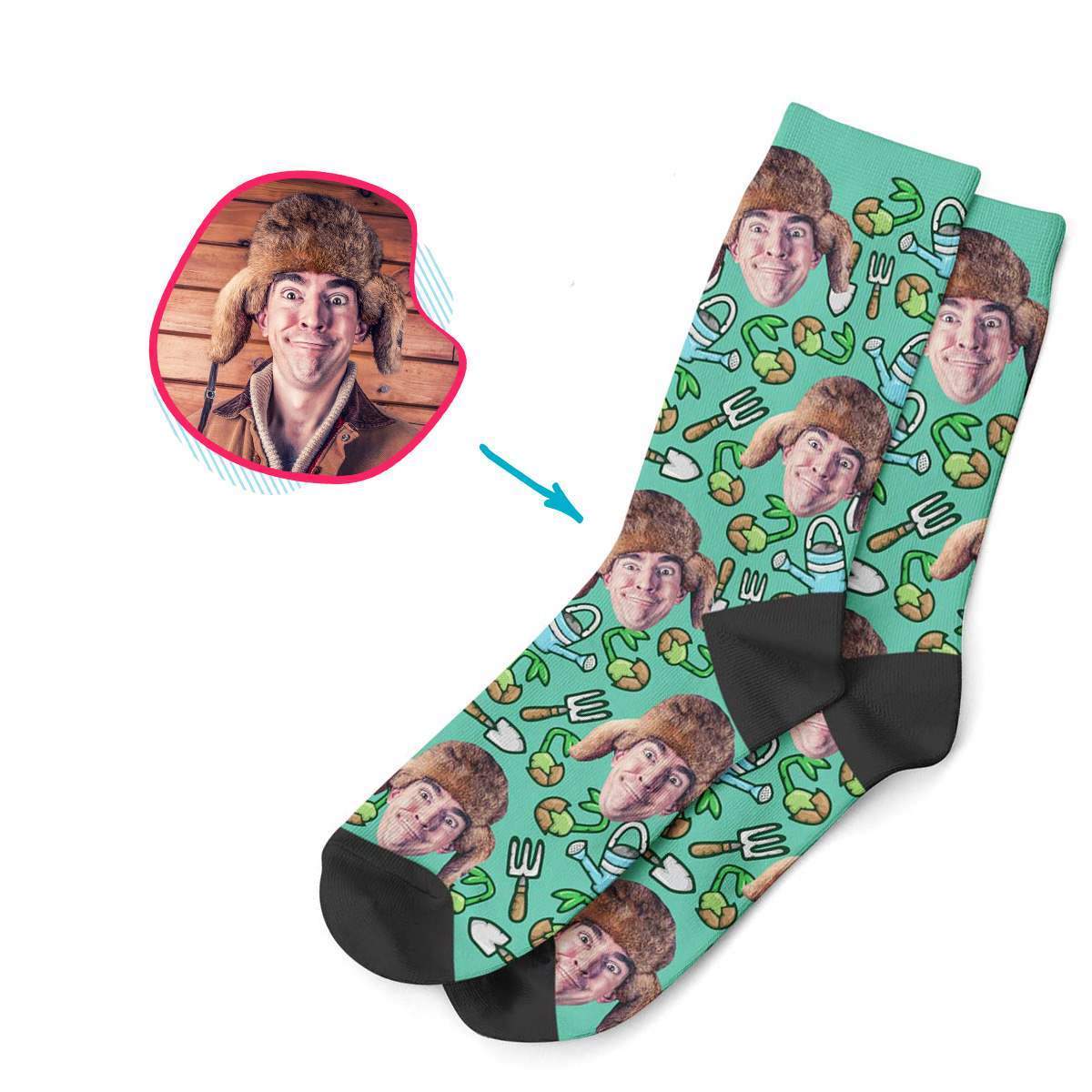 mint Gardening socks personalized with photo of face printed on them