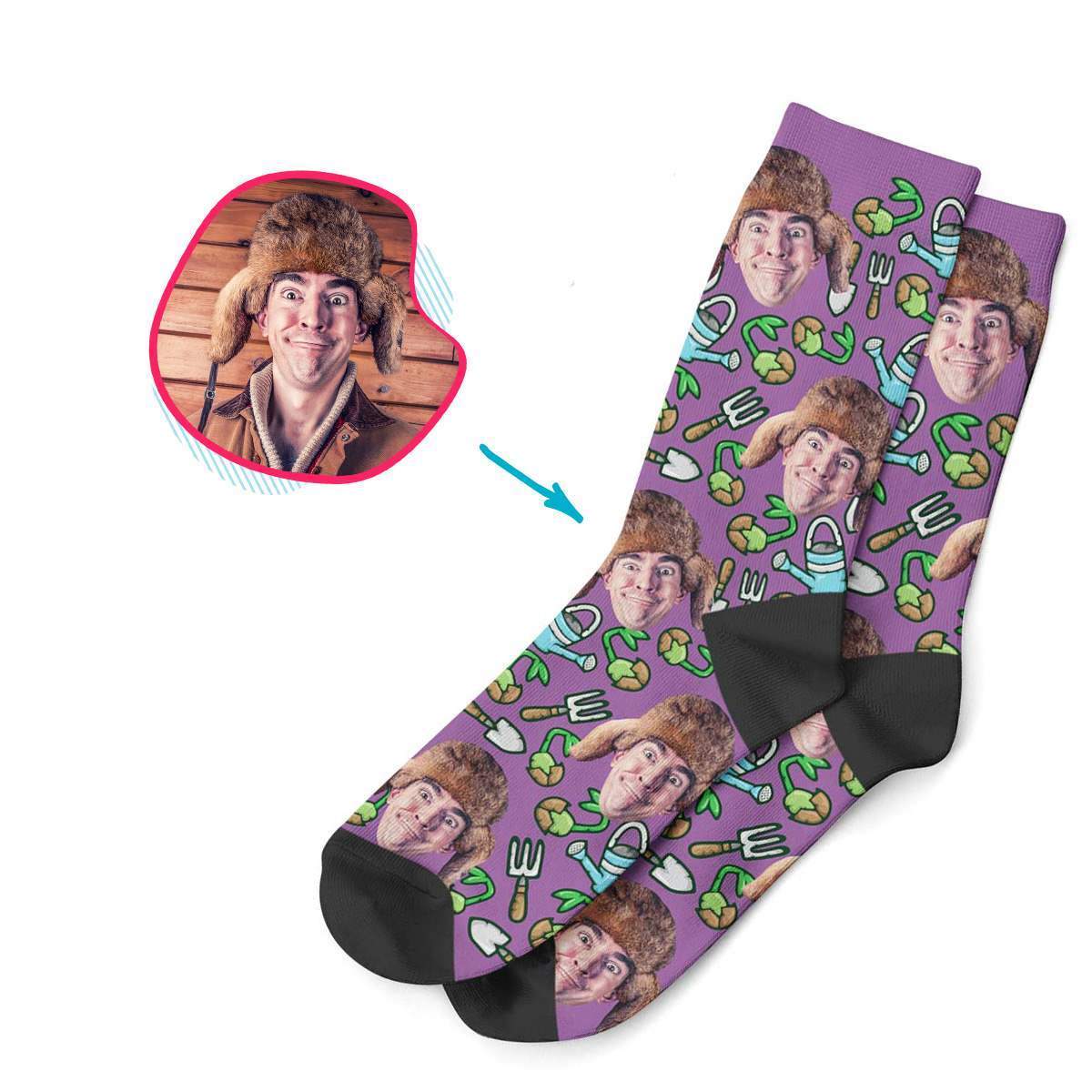 purple Gardening socks personalized with photo of face printed on them