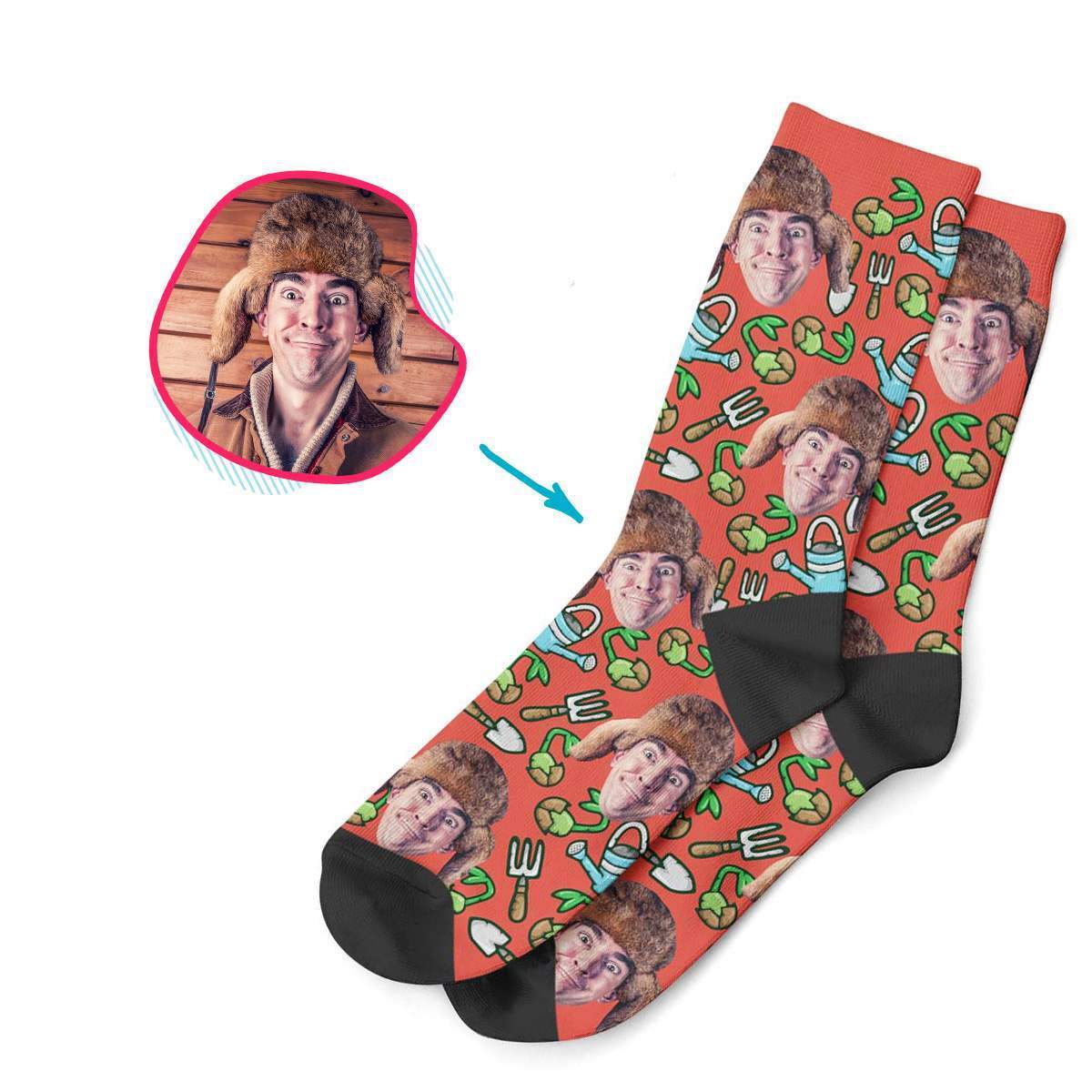 red Gardening socks personalized with photo of face printed on them