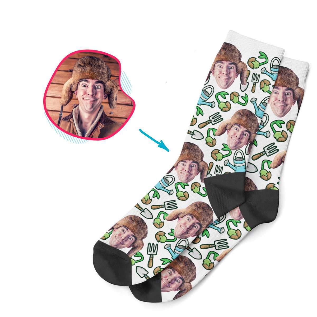white Gardening socks personalized with photo of face printed on them