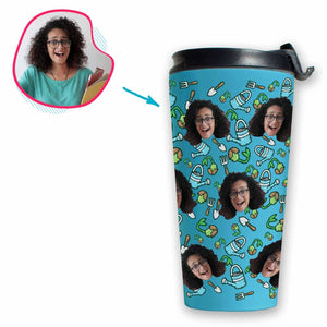 blue Gardening travel mug personalized with photo of face printed on it