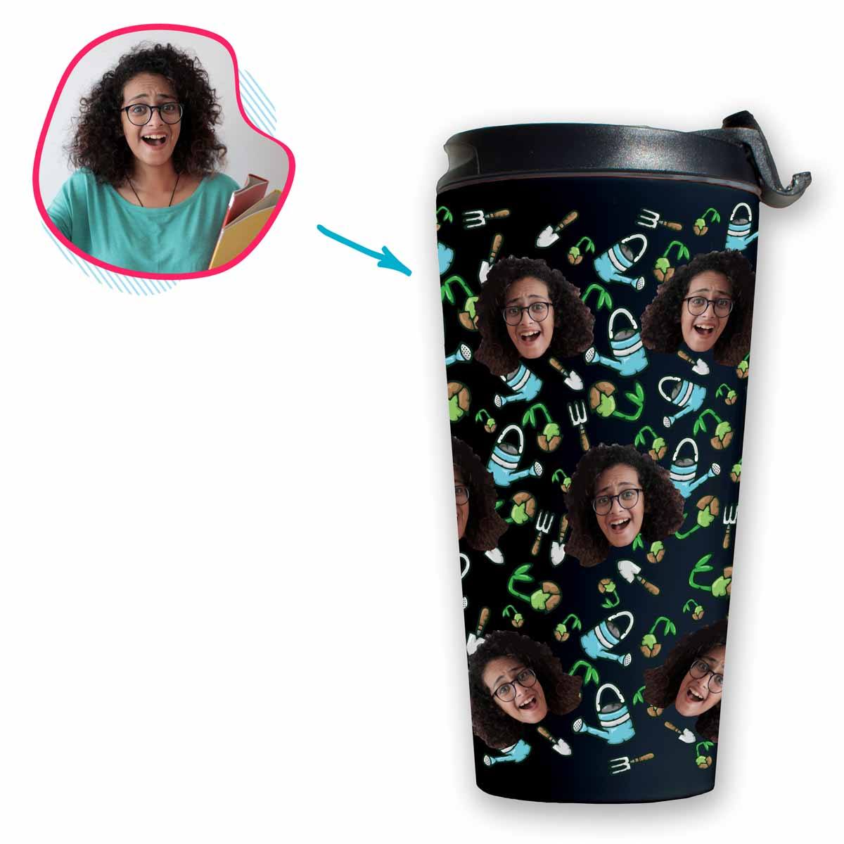 dark Gardening travel mug personalized with photo of face printed on it