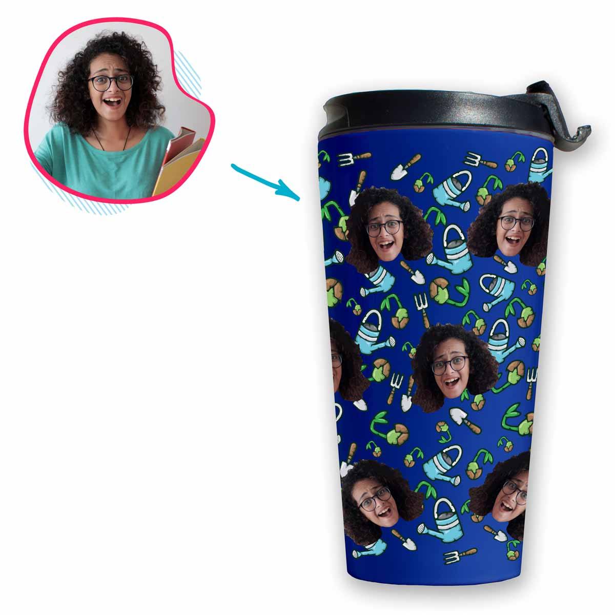 darkblue Gardening travel mug personalized with photo of face printed on it