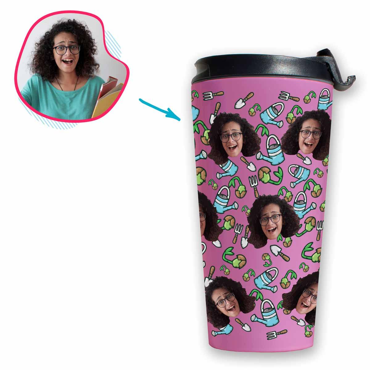 pink Gardening travel mug personalized with photo of face printed on it