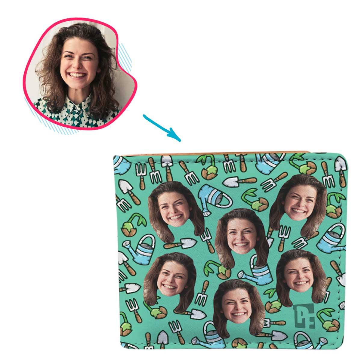mint Gardening wallet personalized with photo of face printed on it