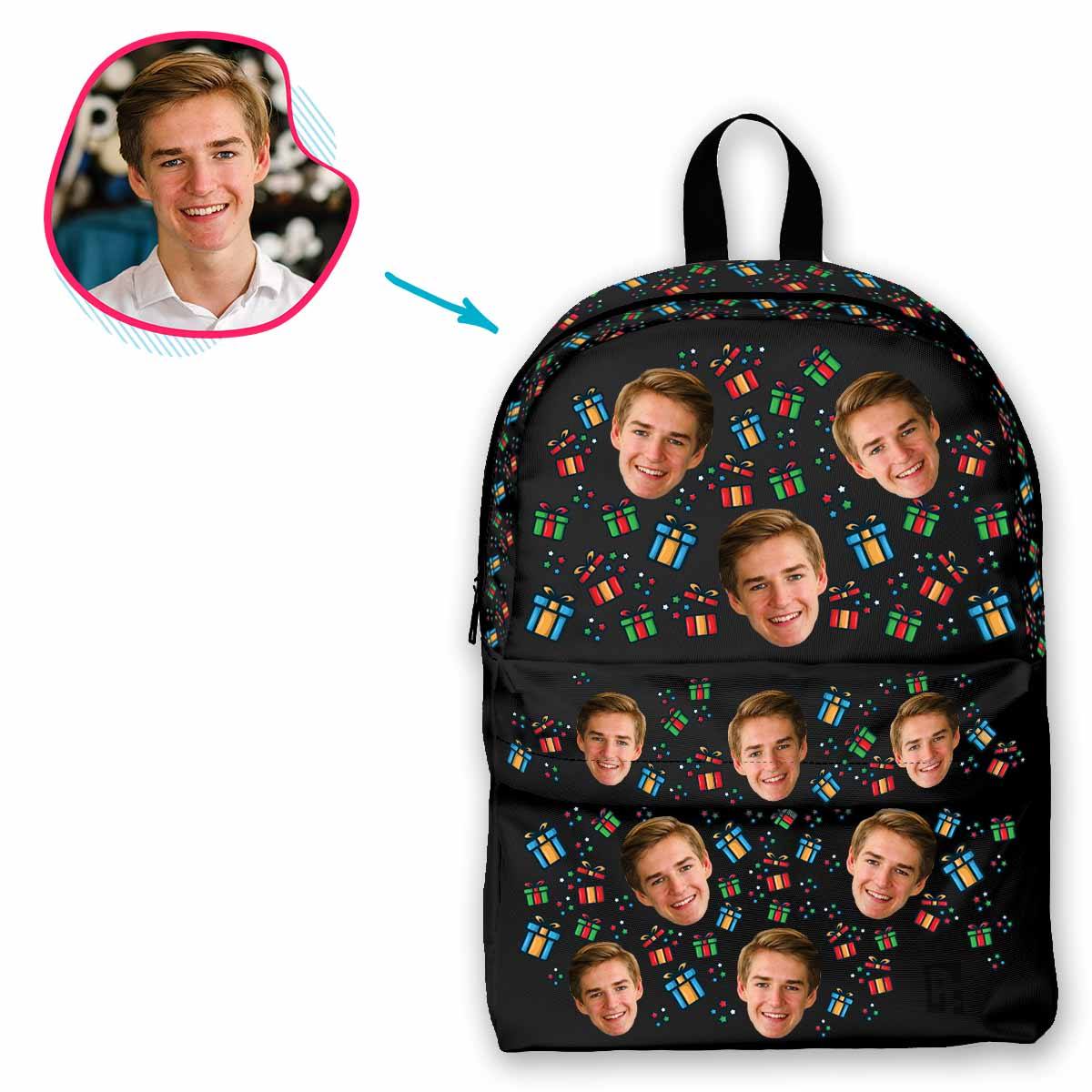 dark Gift Box classic backpack personalized with photo of face printed on it