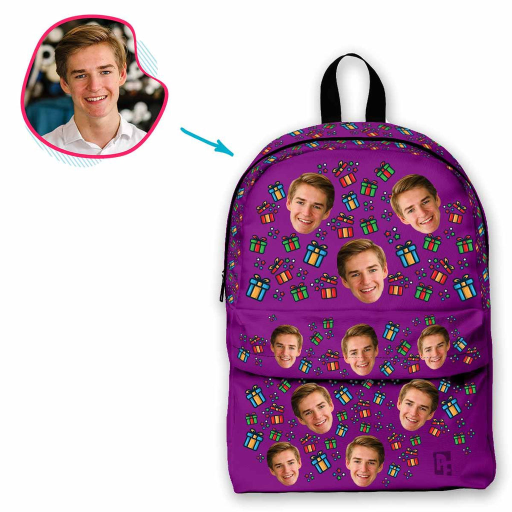 purple Gift Box classic backpack personalized with photo of face printed on it