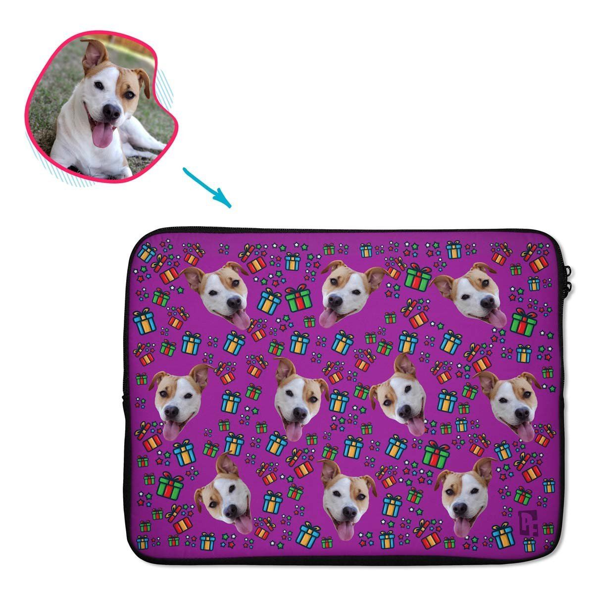 purple Gift Box laptop sleeve personalized with photo of face printed on them