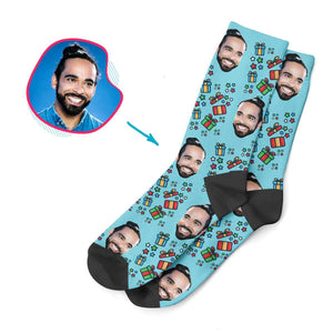 blue Gift Box socks personalized with photo of face printed on them