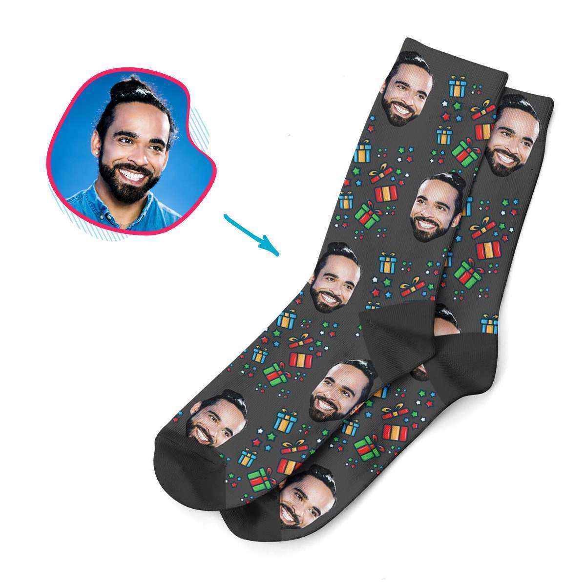 dark Gift Box socks personalized with photo of face printed on them