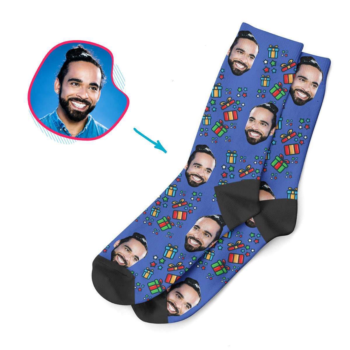 darkblue Gift Box socks personalized with photo of face printed on them
