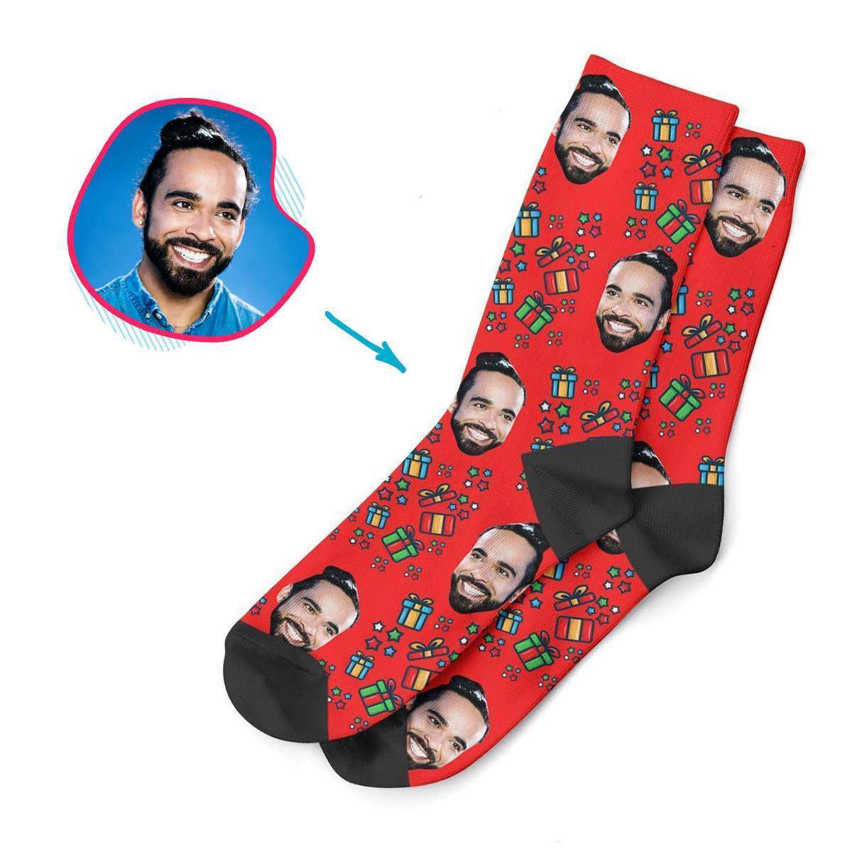 red Gift Box socks personalized with photo of face printed on them