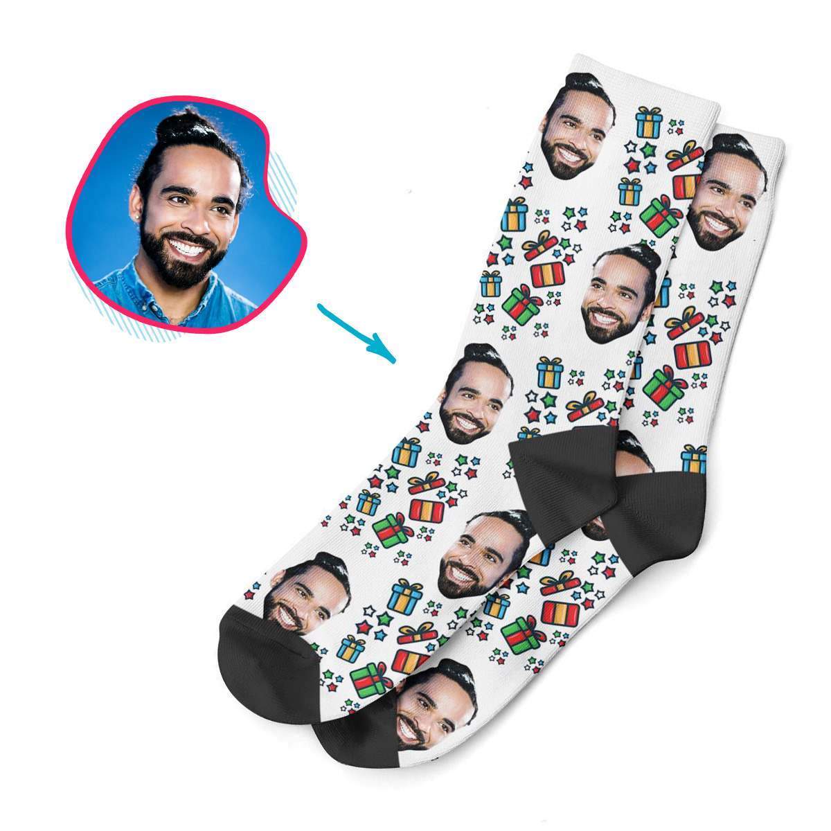 white Gift Box socks personalized with photo of face printed on them