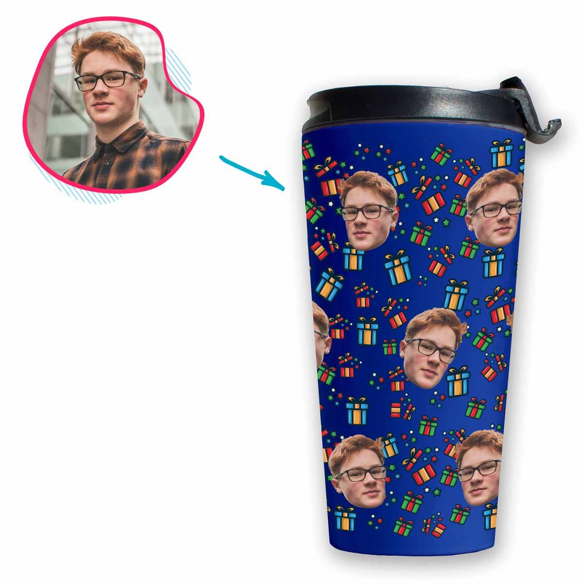 darkblue Gift Box travel mug personalized with photo of face printed on it