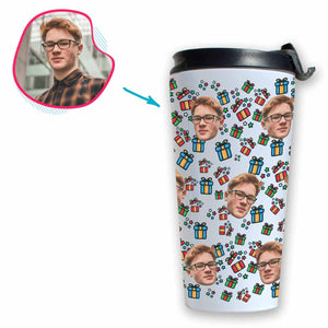 white Gift Box travel mug personalized with photo of face printed on it