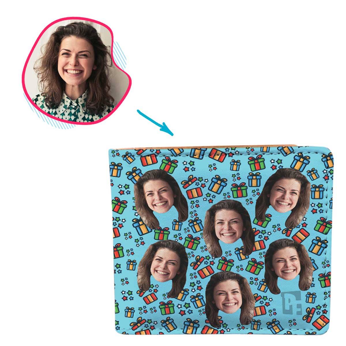 blue Gift Box wallet personalized with photo of face printed on it
