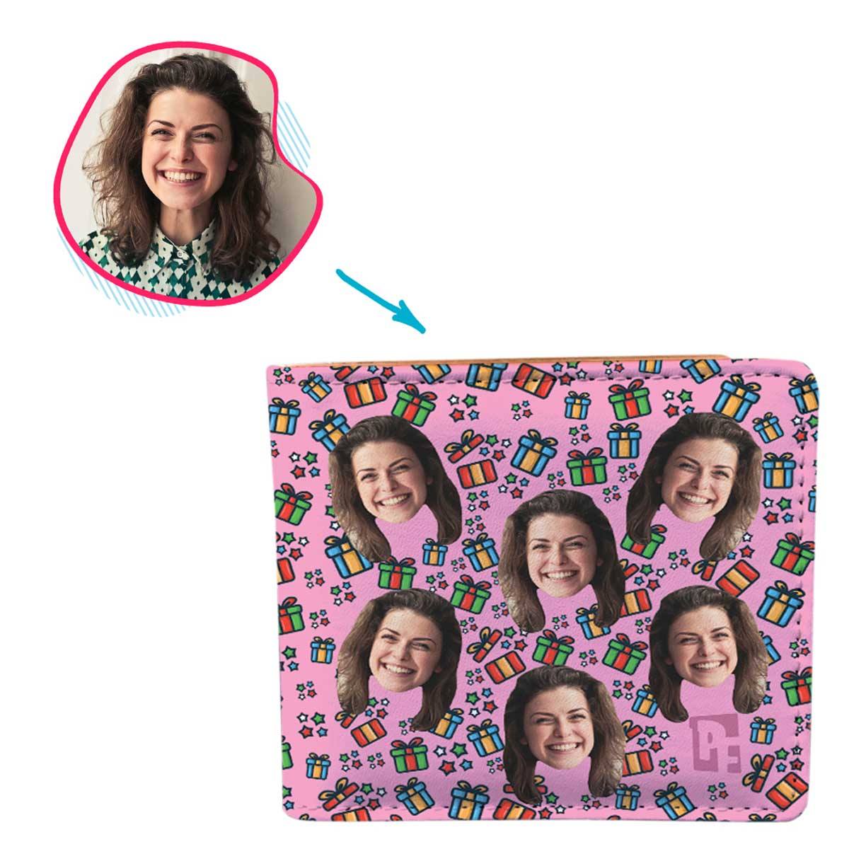 pink Gift Box wallet personalized with photo of face printed on it