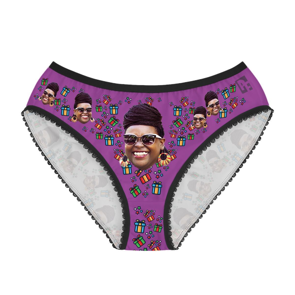 Purple Gift Box women's underwear briefs personalized with photo printed on them